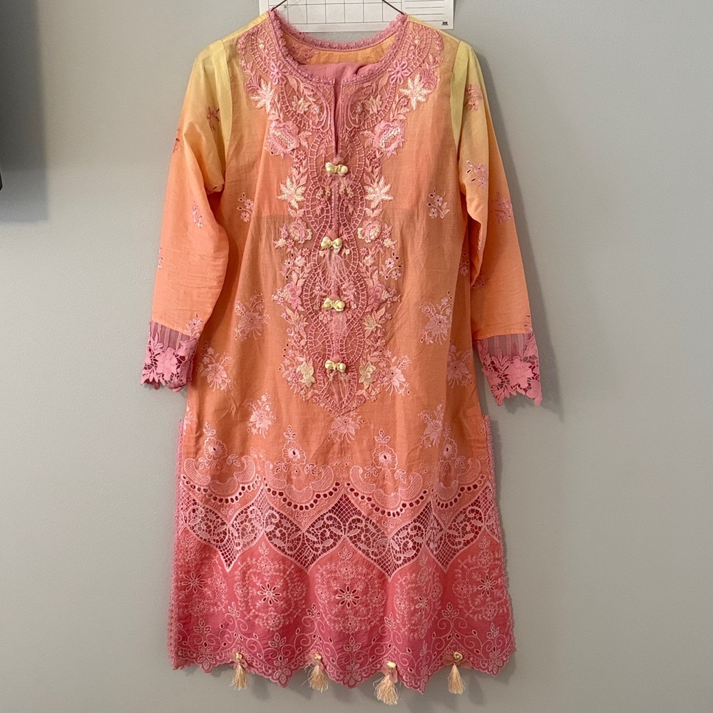 Elegant Pink and Orange Embroidered Salwar, luxury lawn set.